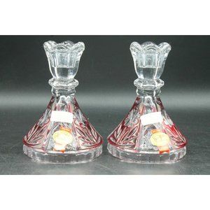 2 Pc. Anna Huttle Bleikristall 24% Lead Crystal Ruby Candle Holders Candle Stick